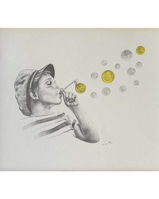 An Original Wolfgang M Otto Pencil Drawing  Boy Blowing Bubble Signed Framed Art