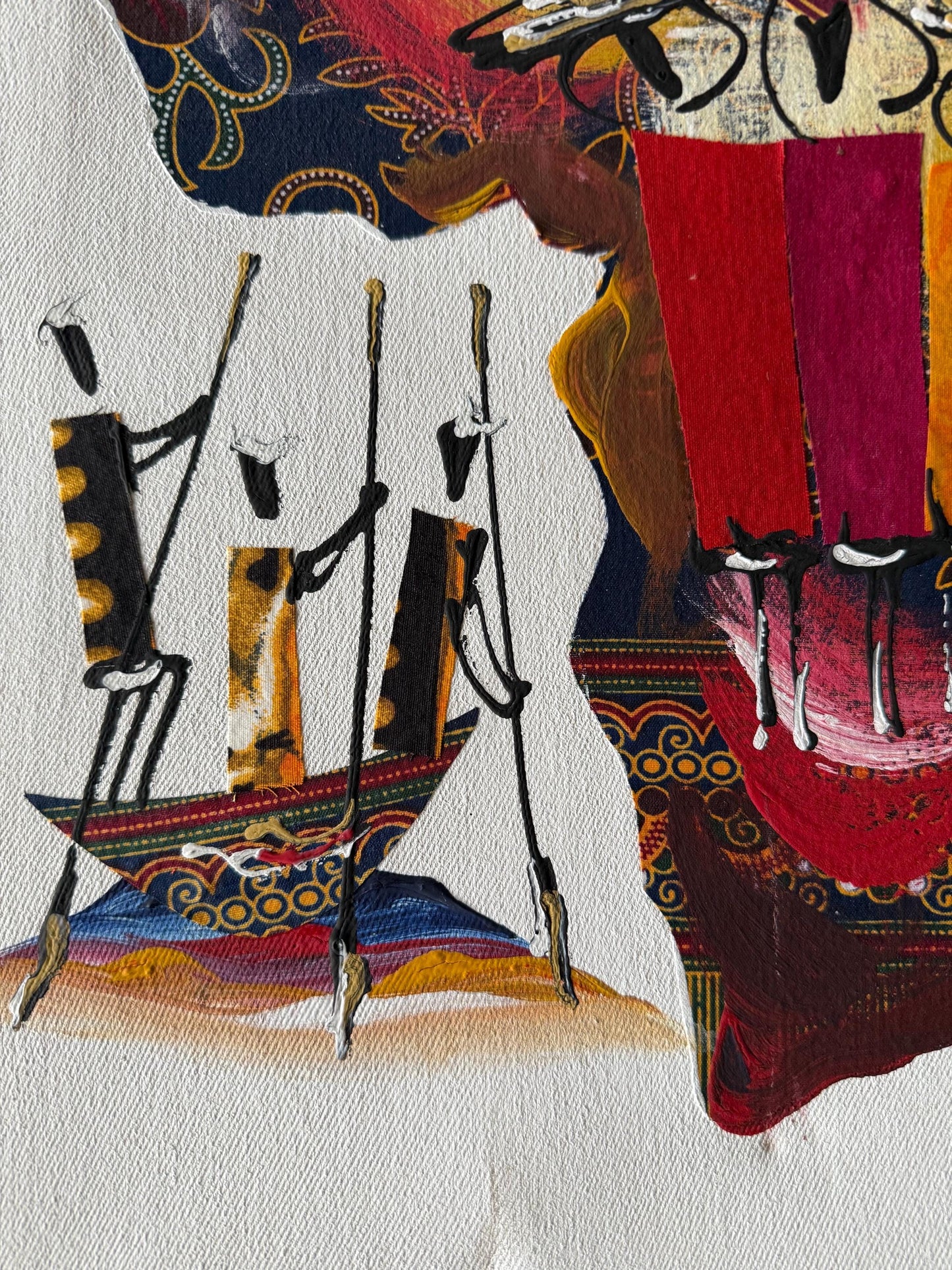 A Canvas Painted Fabric Signed Senegal Artist Pape Daouda Gueye Africa Continent