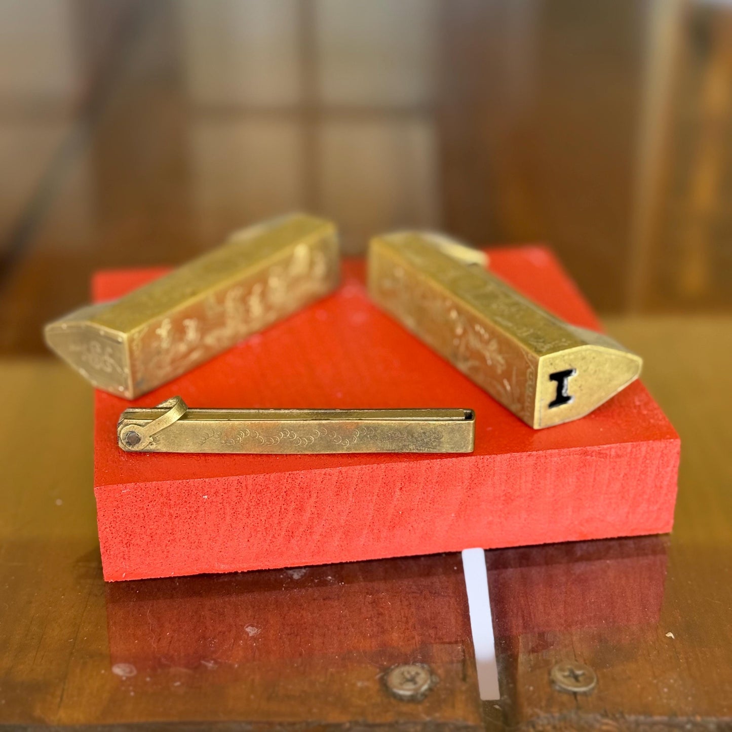 An Antique Chinese Brass Padlocks with Key Both Engraved All Sides and Key Works