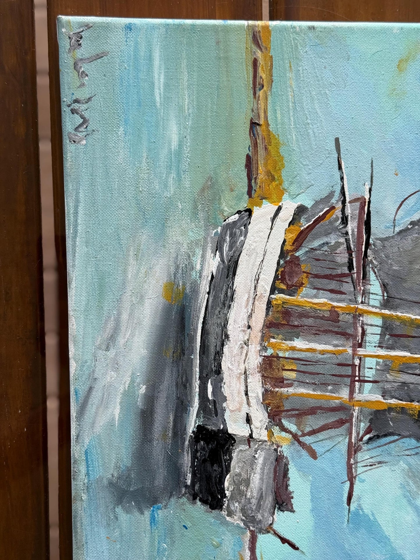 Artist signed original artwork painted Canvas Sail Boat Ship Blue Sea Collector