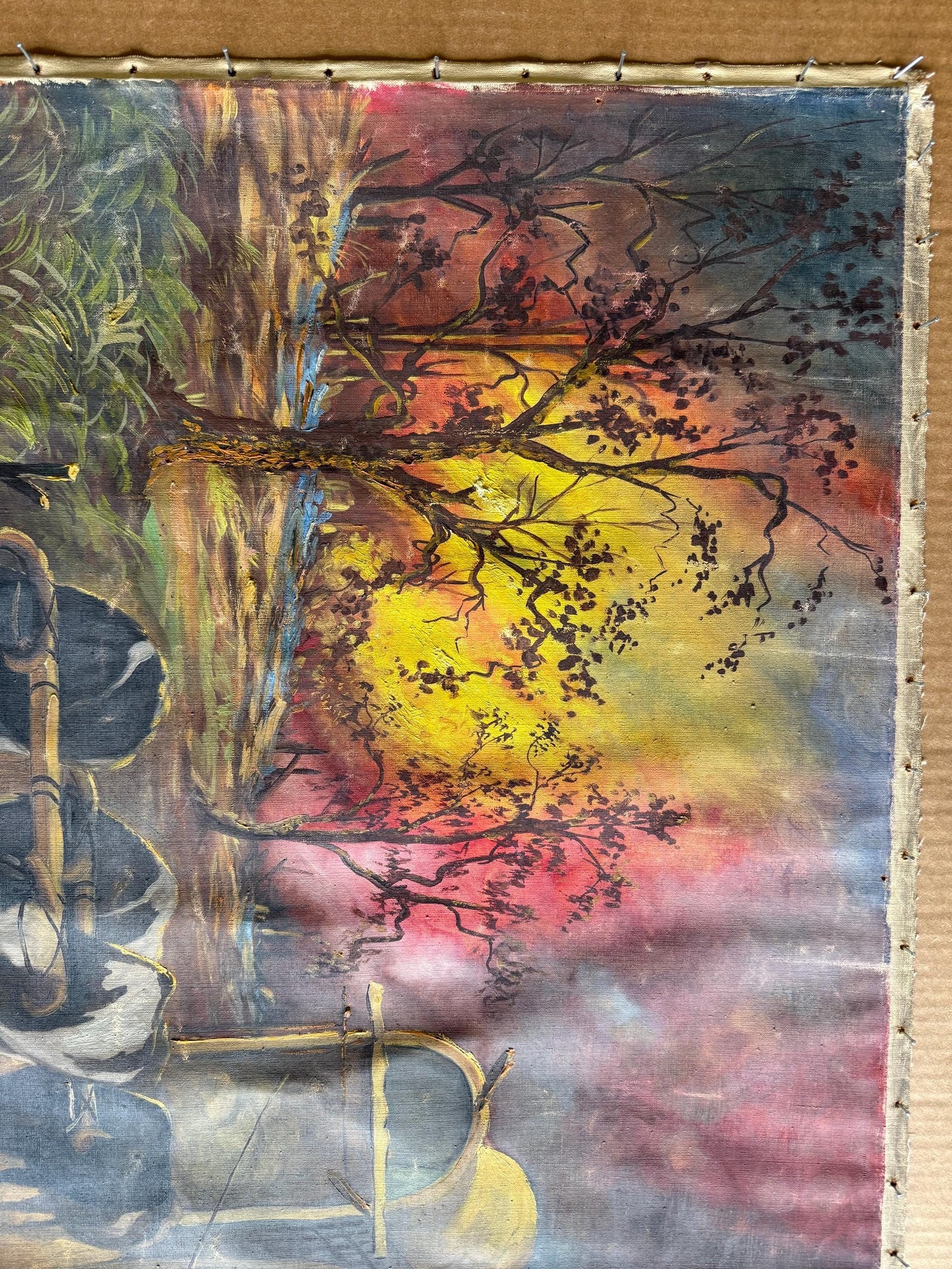 An Old Original Painting Signed Benedito Luizi Cowboy Western Wagon Mill Road