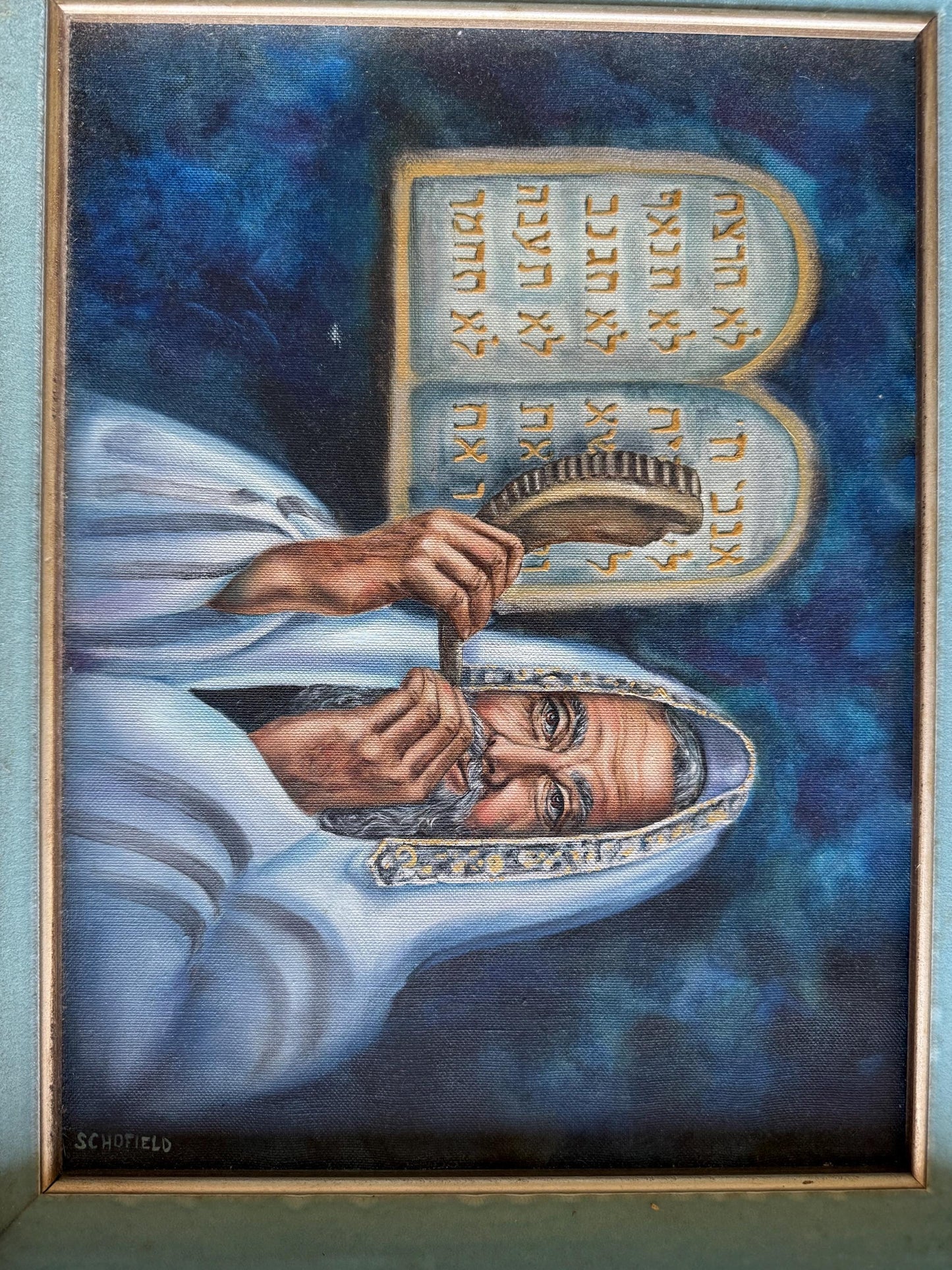 A Original Painting By Michael Schofield Canvas Signed Blowing The Shofar Judaic