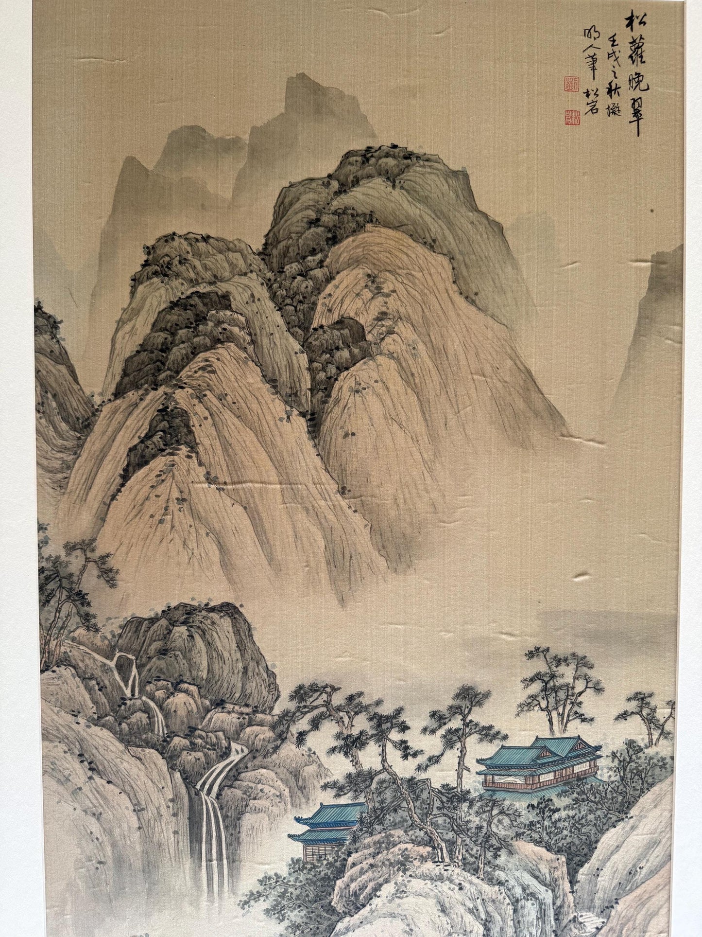 Original Chinese Watercolor and Ink Landscape Painting on Silk Scroll, Mountains and Village