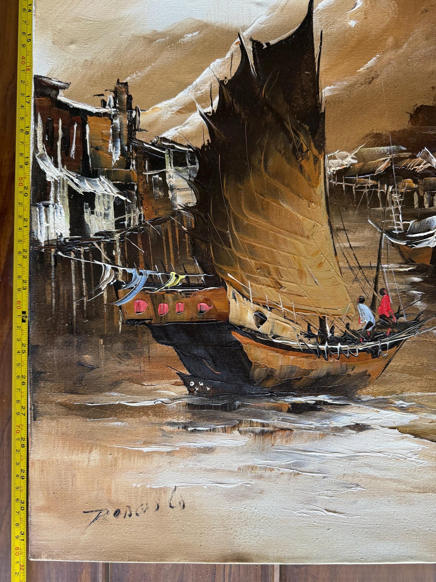 A Signed Original Painted Canvas Chinese Sail Boat Ship Shrimp Harbor Scene Art