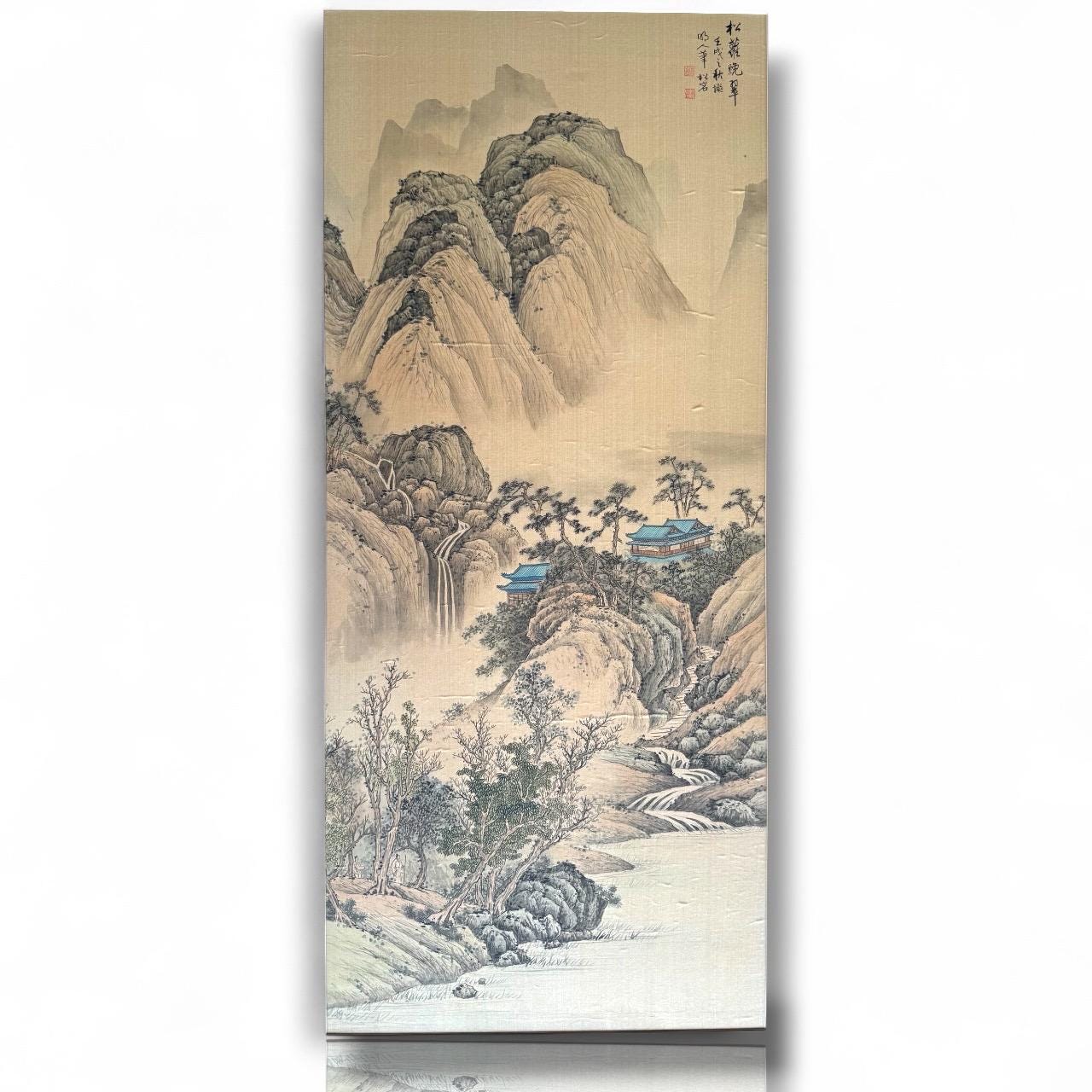 Original Chinese Watercolor and Ink Landscape Painting on Silk Scroll, Mountains and Village