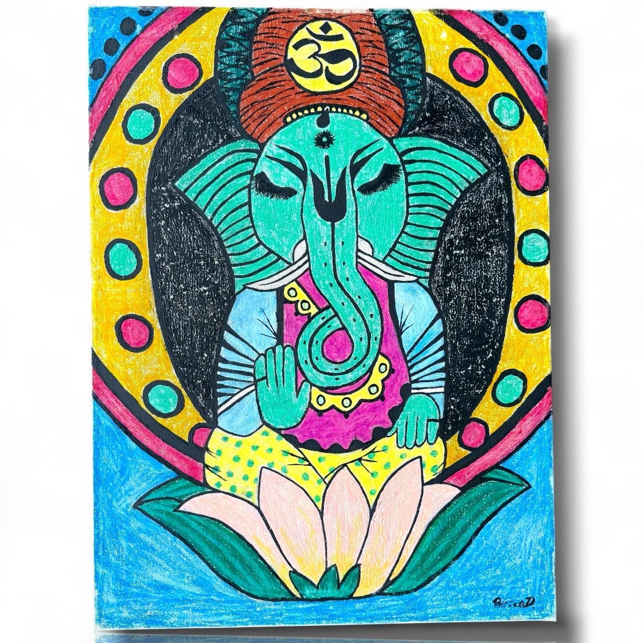 An Original Painted Canvas Artist Art Signed Ganesh Artwork Spiritual Drawing