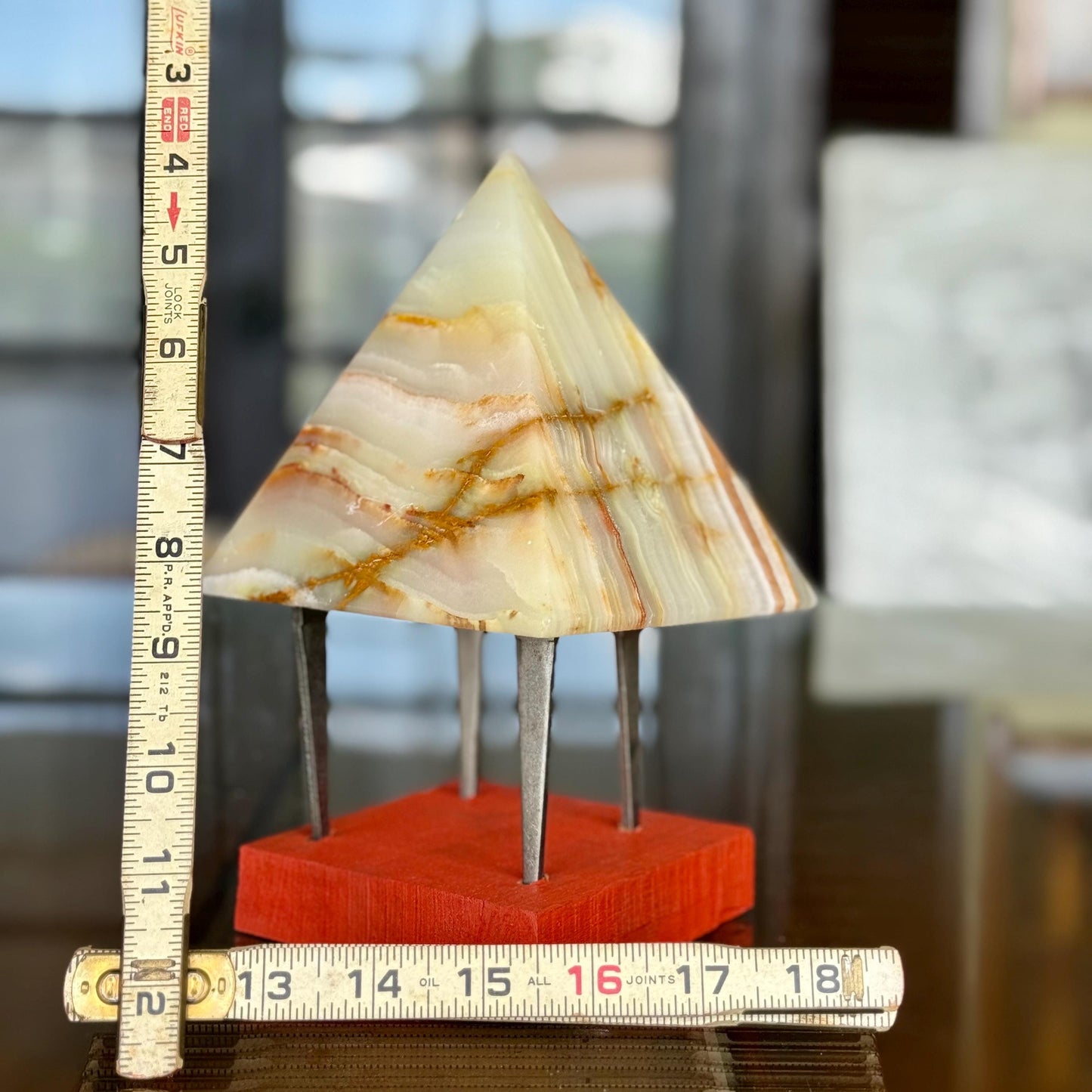 A Natural Mexican Green Yellow Onyx Banded Calcite 5” Pyramid Crystal Carved