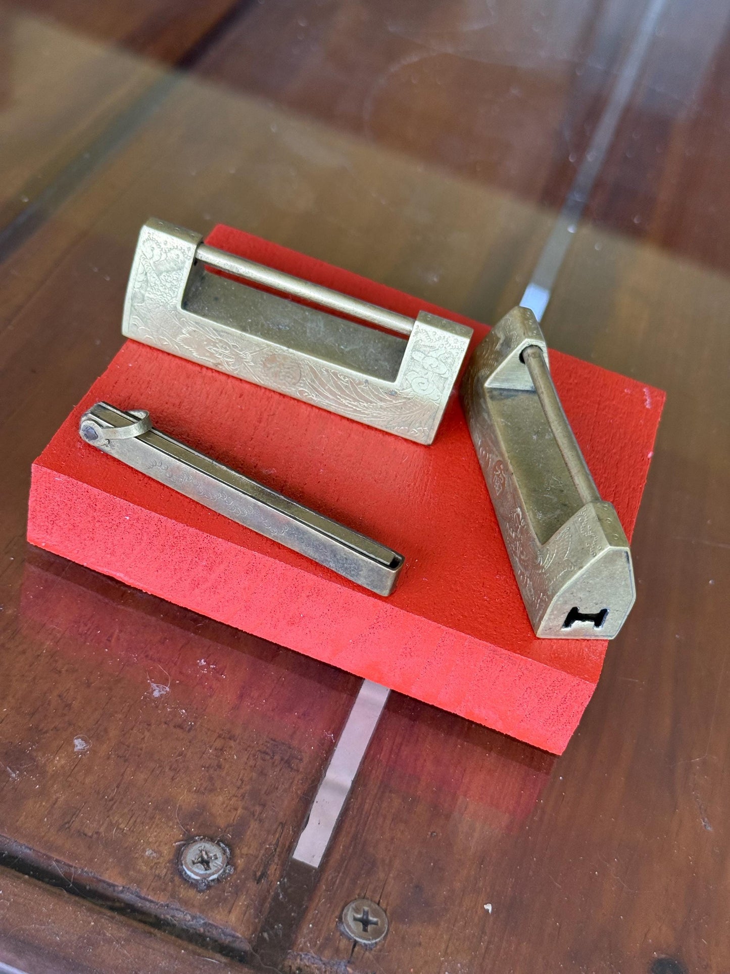 An Antique Chinese Brass Padlocks with Key Both Engraved All Sides and Key Works