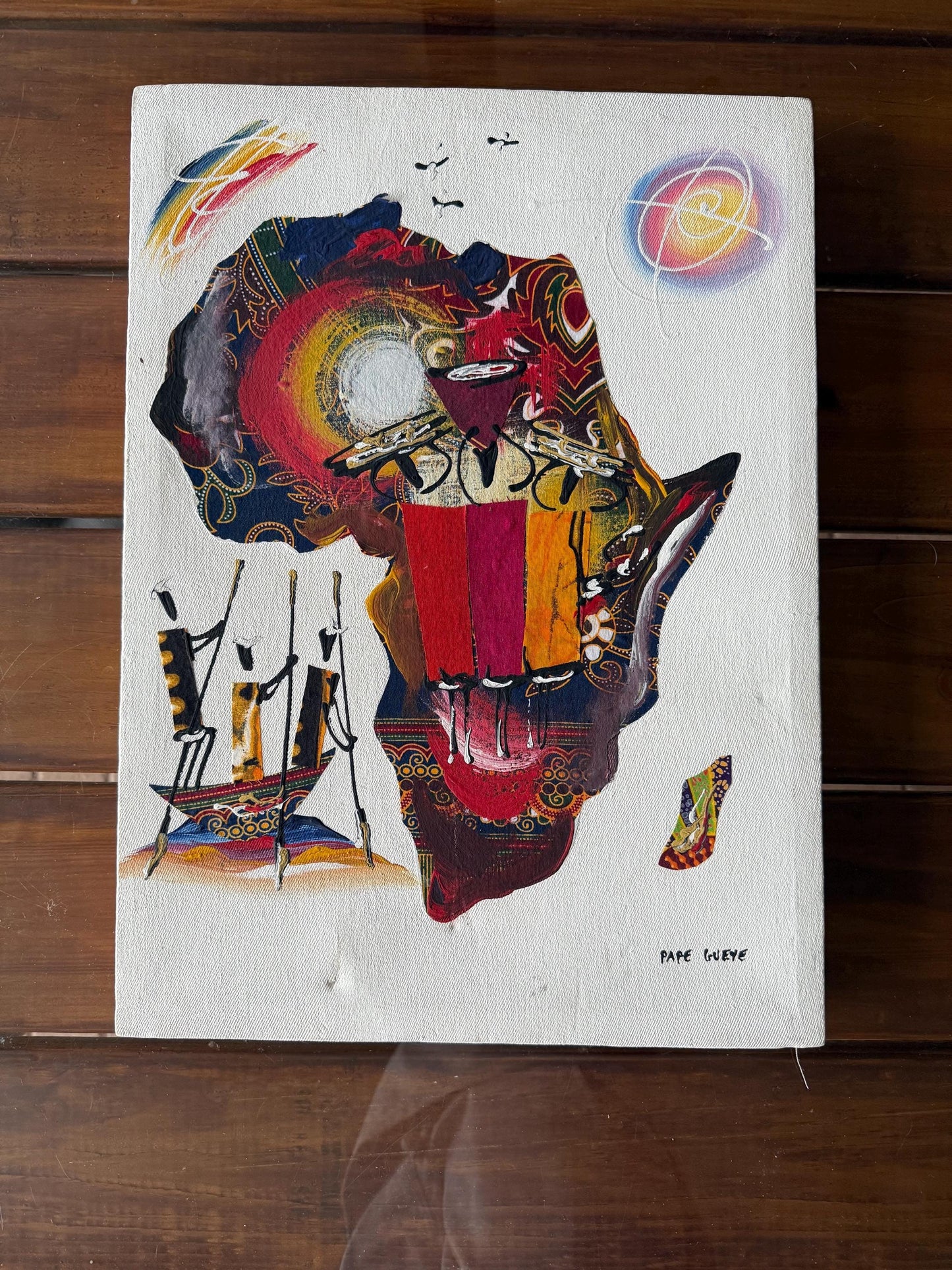 A Canvas Painted Fabric Signed Senegal Artist Pape Daouda Gueye Africa Continent