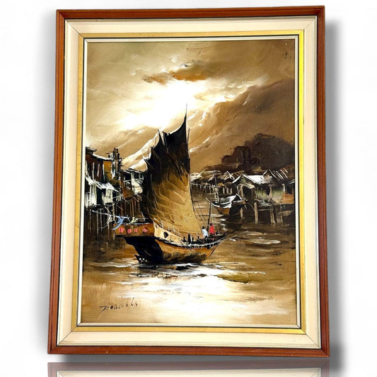 A Signed Original Painted Canvas Chinese Sail Boat Ship Shrimp Harbor Scene Art
