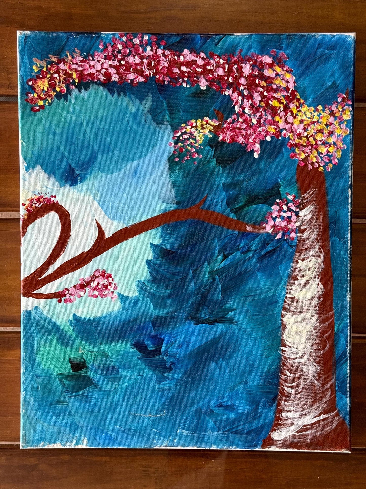 A Painted Canvas Artist Original Artwork Art Piece Pink Blue Cherry Blossom Tree
