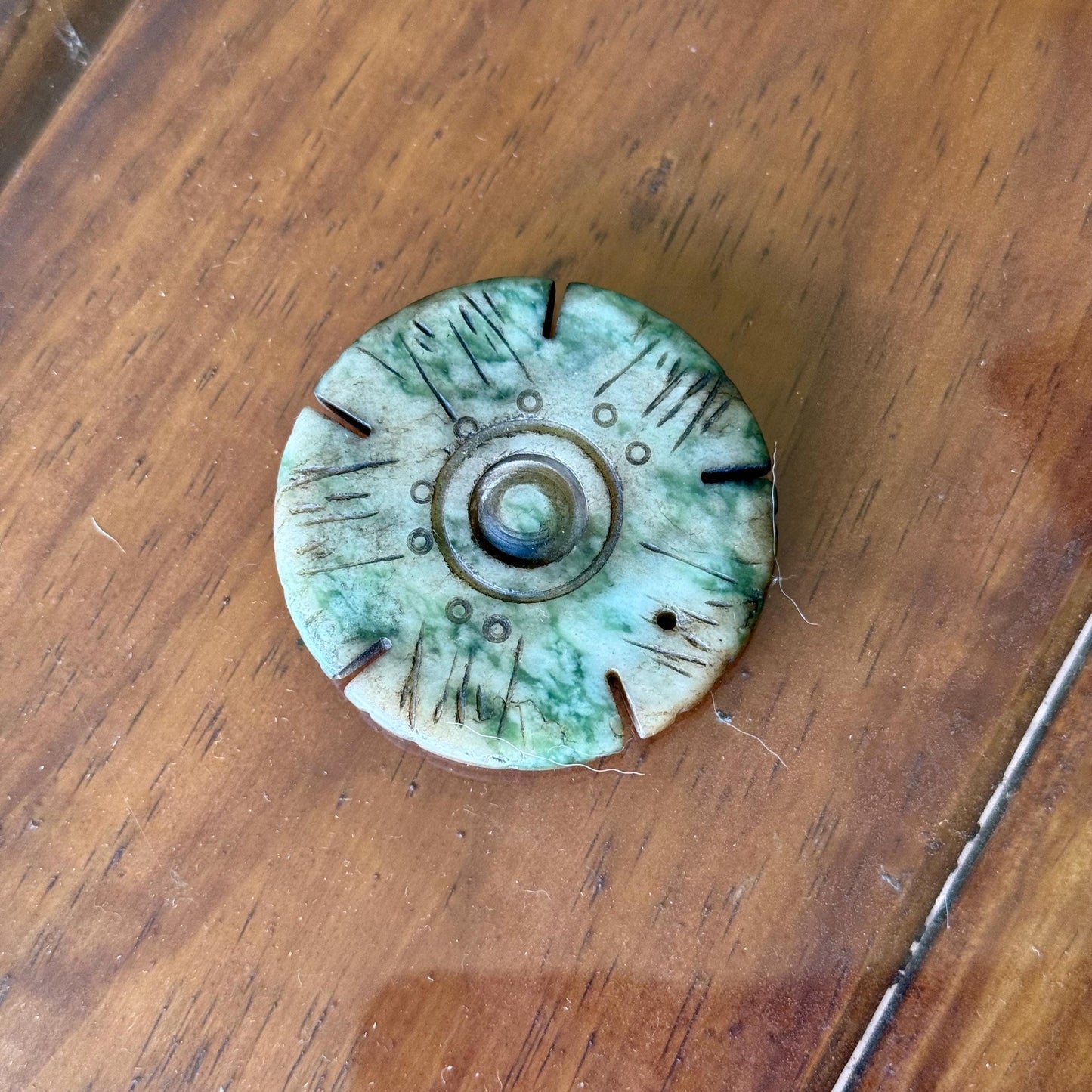 An Antique Carved all White Green Jade Medallion 2” Pendant Spinning Pray Wheel