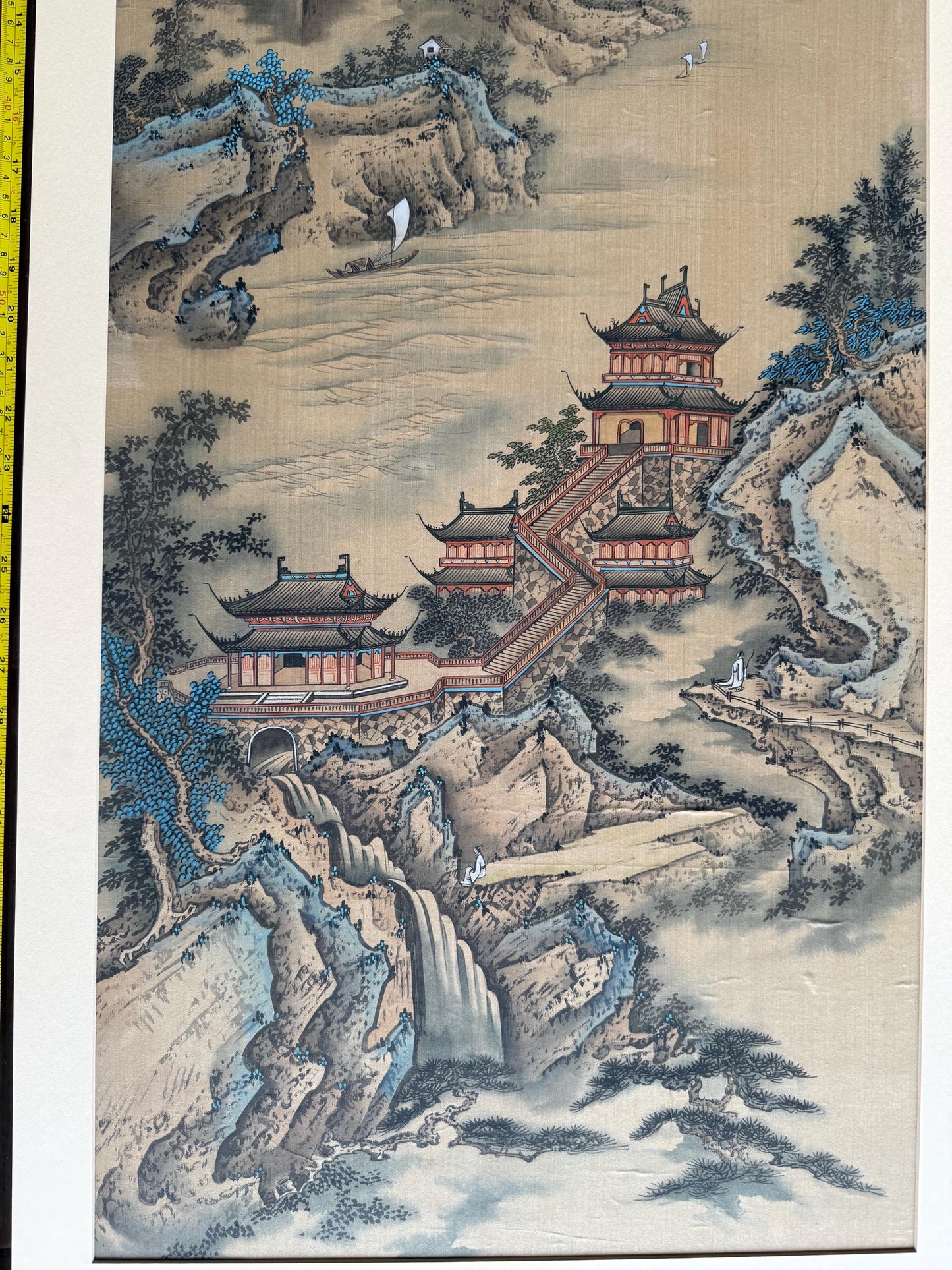 A Japanese Watercolor Painting Hanging Scroll Art Silk Mountain River Landscape