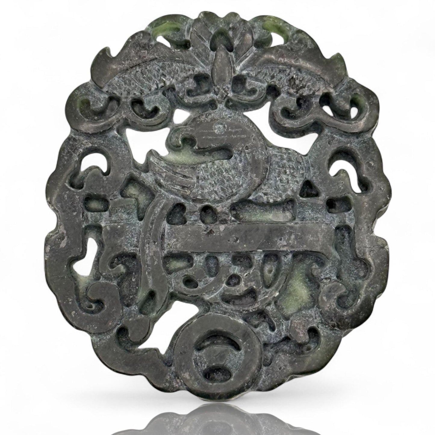 An Old Asian Jade Amulet Natural Black Green Hand Carve Phoenix Dragon Round Art