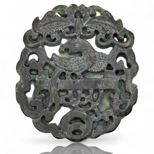 An Old Asian Jade Amulet Natural Black Green Hand Carve Phoenix Dragon Round Art