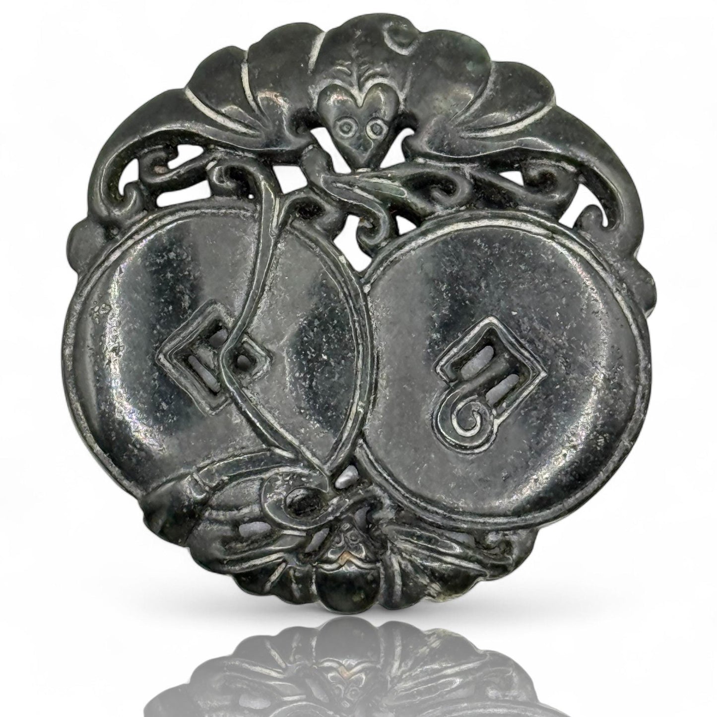 An Old Asian Natural Black Jade Amulet Round Hand Carved Bat Coin Medallion Art