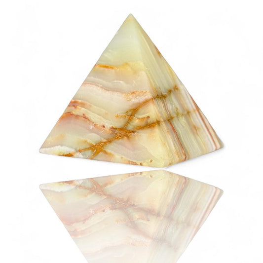 A Natural Mexican Green Yellow Onyx Banded Calcite 5” Pyramid Crystal Carved
