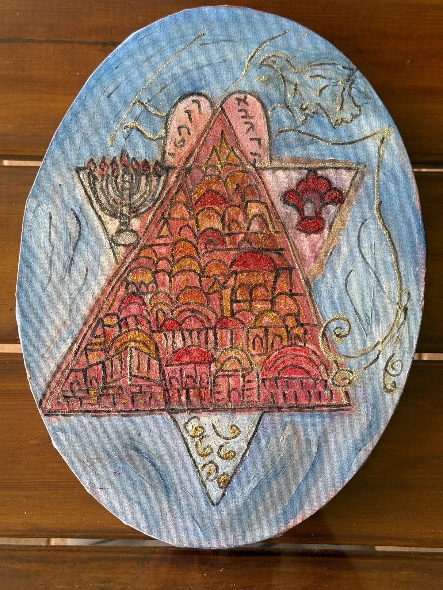 An original painting on canvas Jerusalem Menorah Tablets Dove Star of David Art