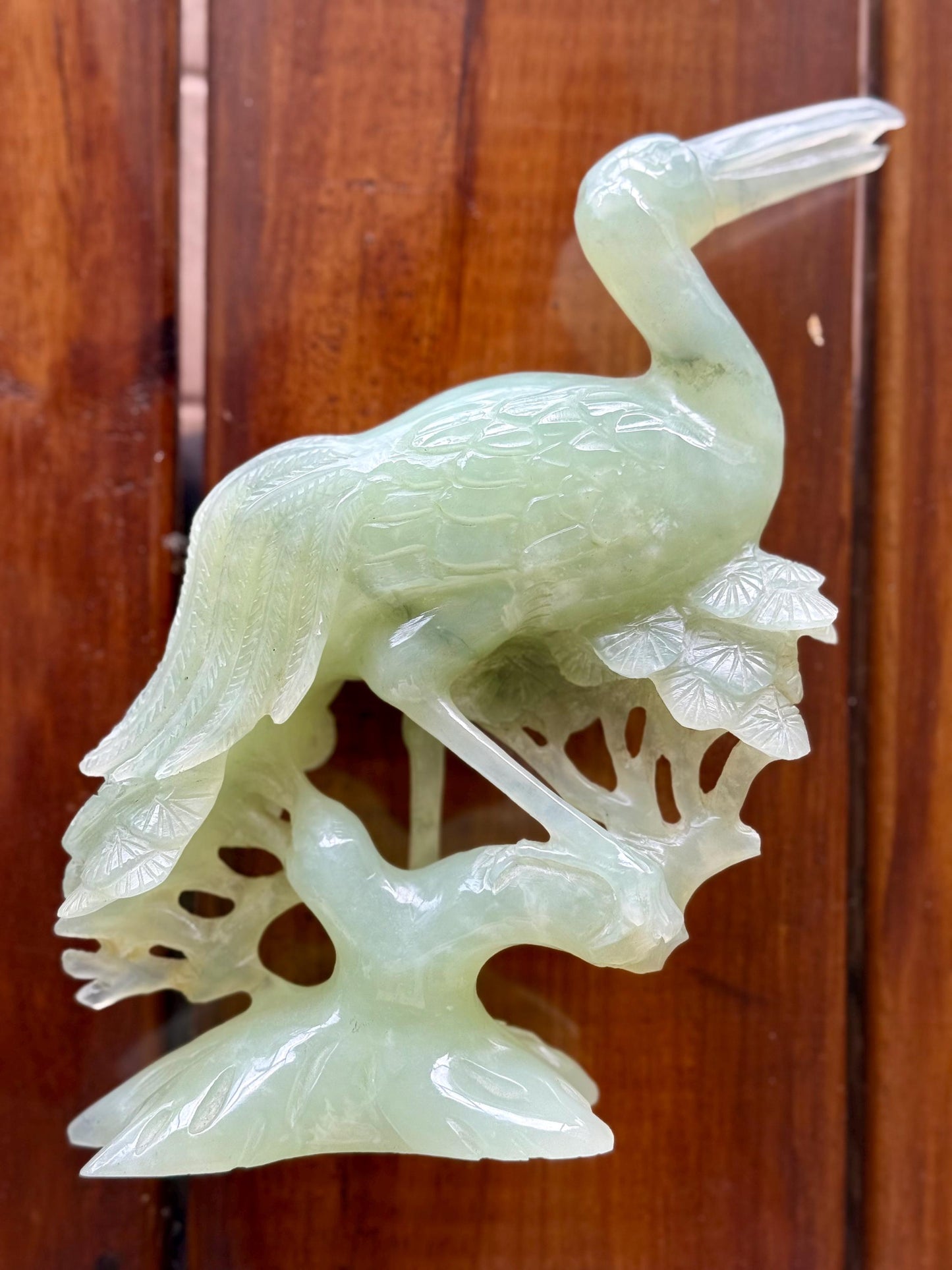 Antique Chinese Hand-Carved Light Green Jade Crane Bird Prunus Flower Sculpture Art