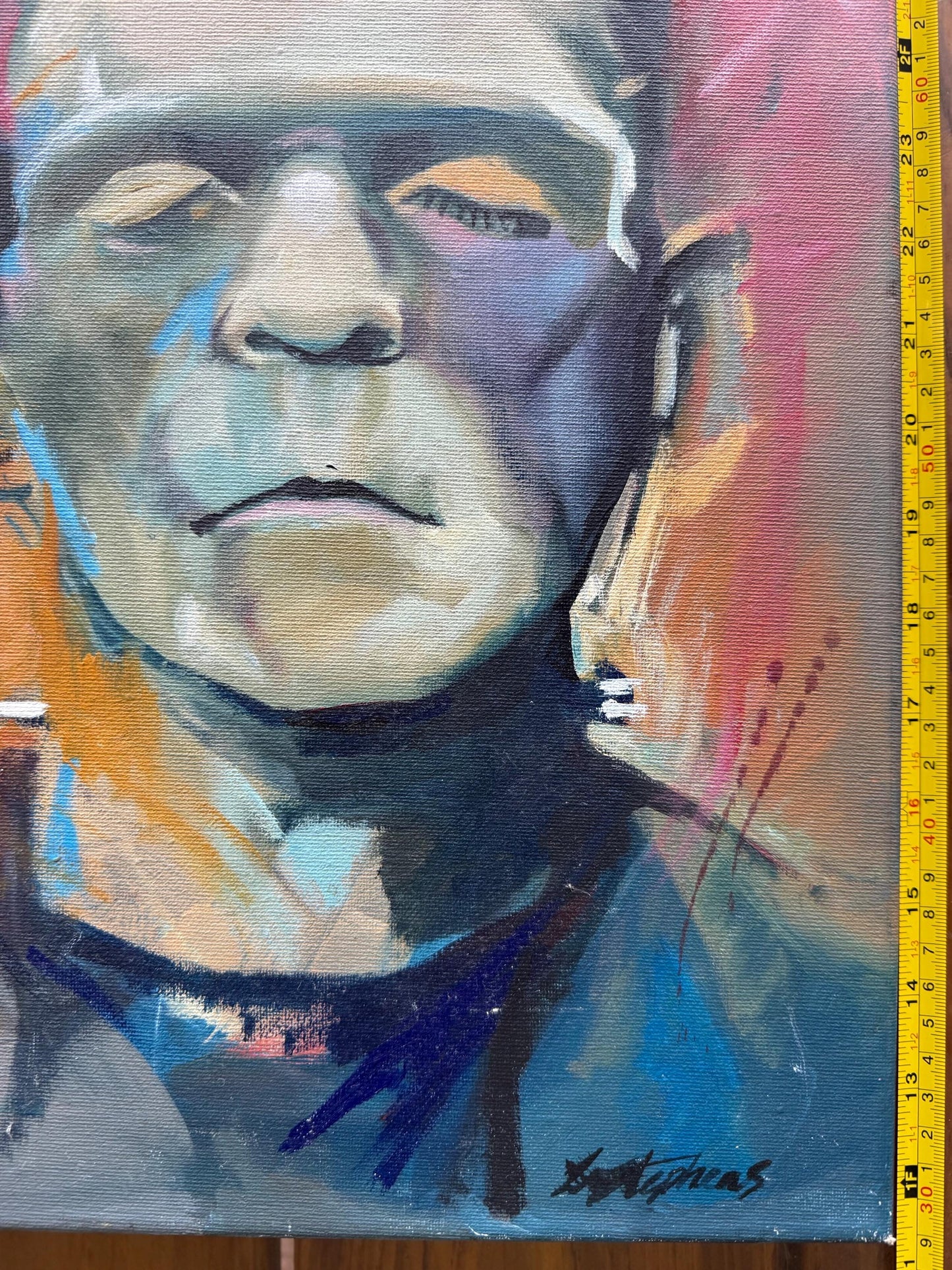 A Painted Canvas Signed Dated Original Frankenstein Monster Boris Karloff Art