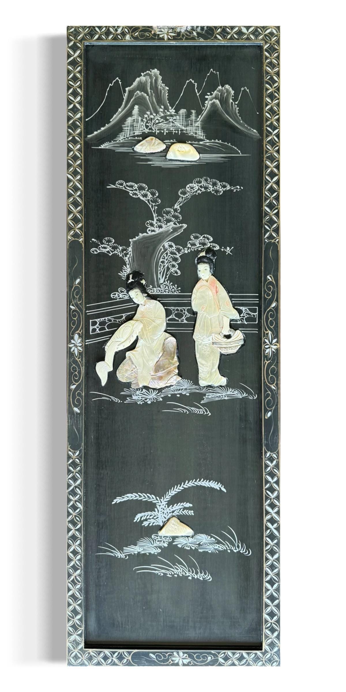A Vintag Mother Of Pearl Asian Art Hand Painting Wall Hanging Wood Black Lacquer