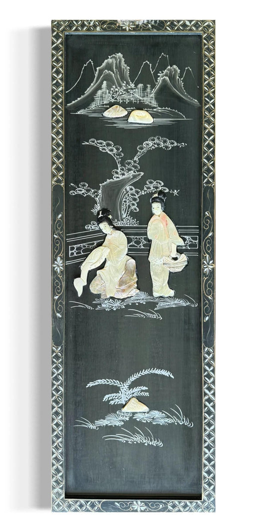 A Vintag Mother Of Pearl Asian Art Hand Painting Wall Hanging Wood Black Lacquer