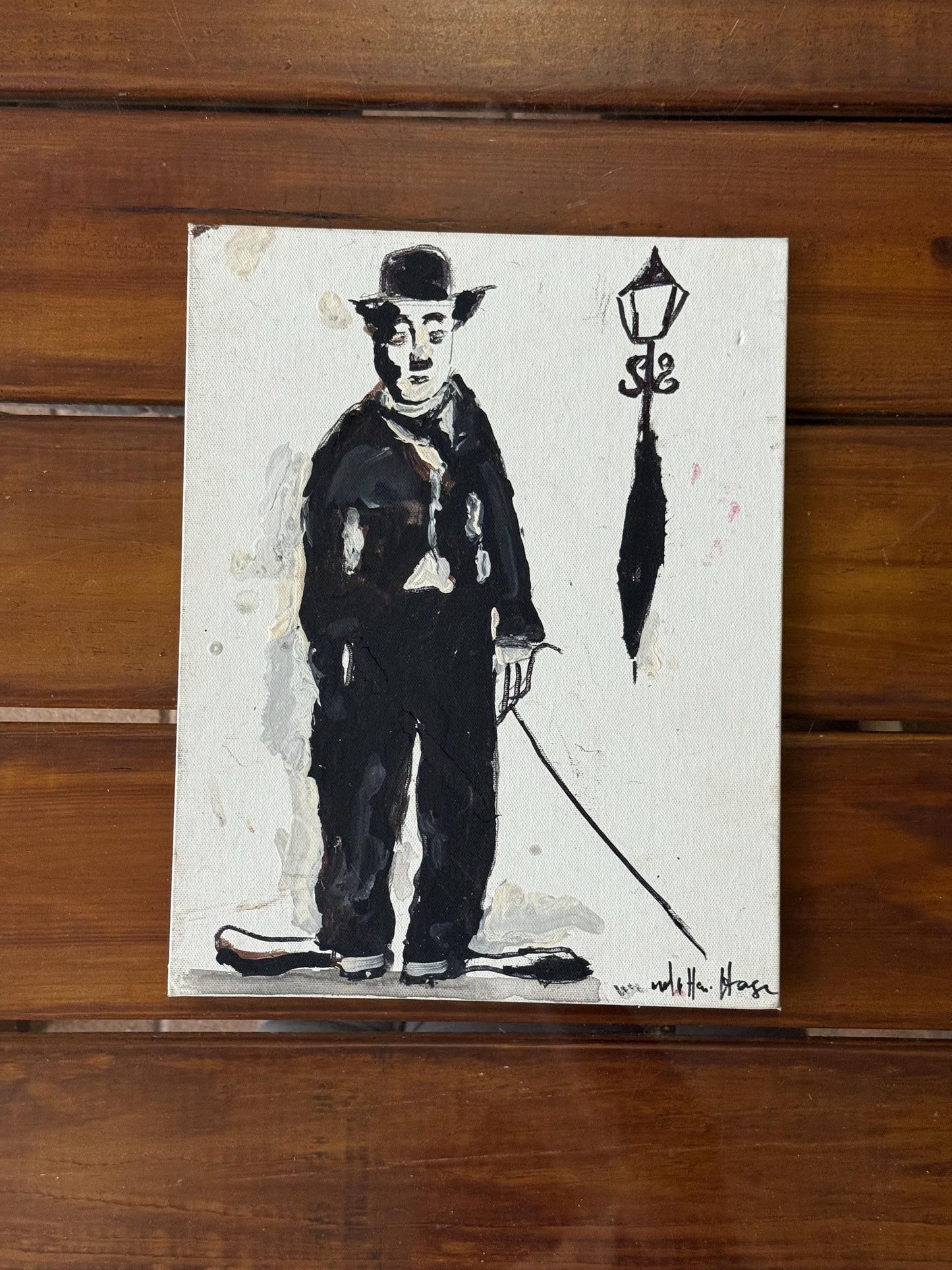 A Painted Canvas Artist Signed Original Artwork Art of Charlie Chaplin Debout #2