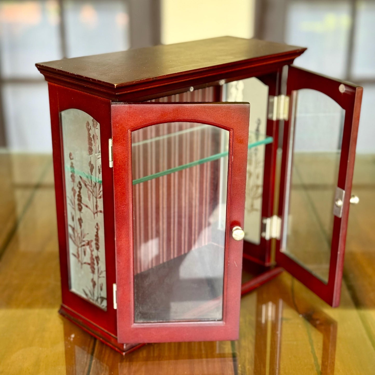 A Cherry Wood Glass Trinket Vintage Wall Hanging Display Jewelry Charm Cabinet