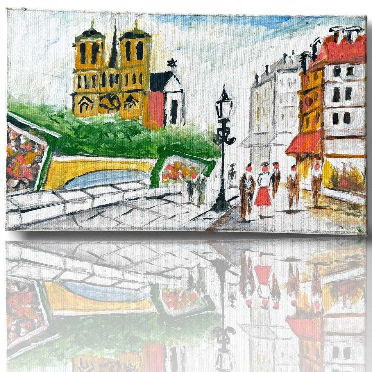 A hand painted original artist artwork vibrant Paris Notre-Dame bustling streets