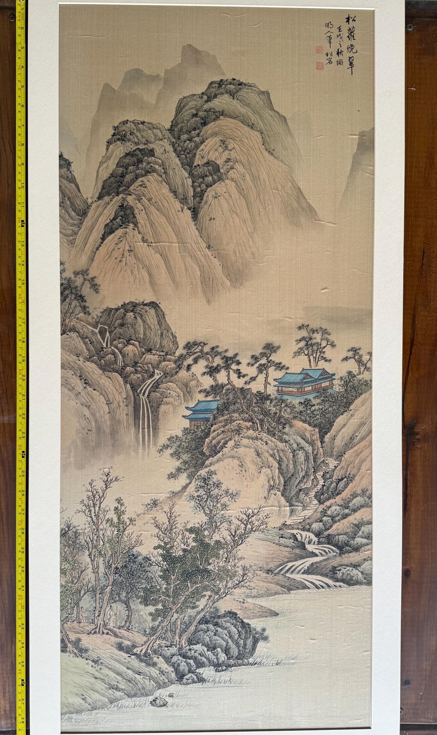 Original Chinese Watercolor and Ink Landscape Painting on Silk Scroll, Mountains and Village