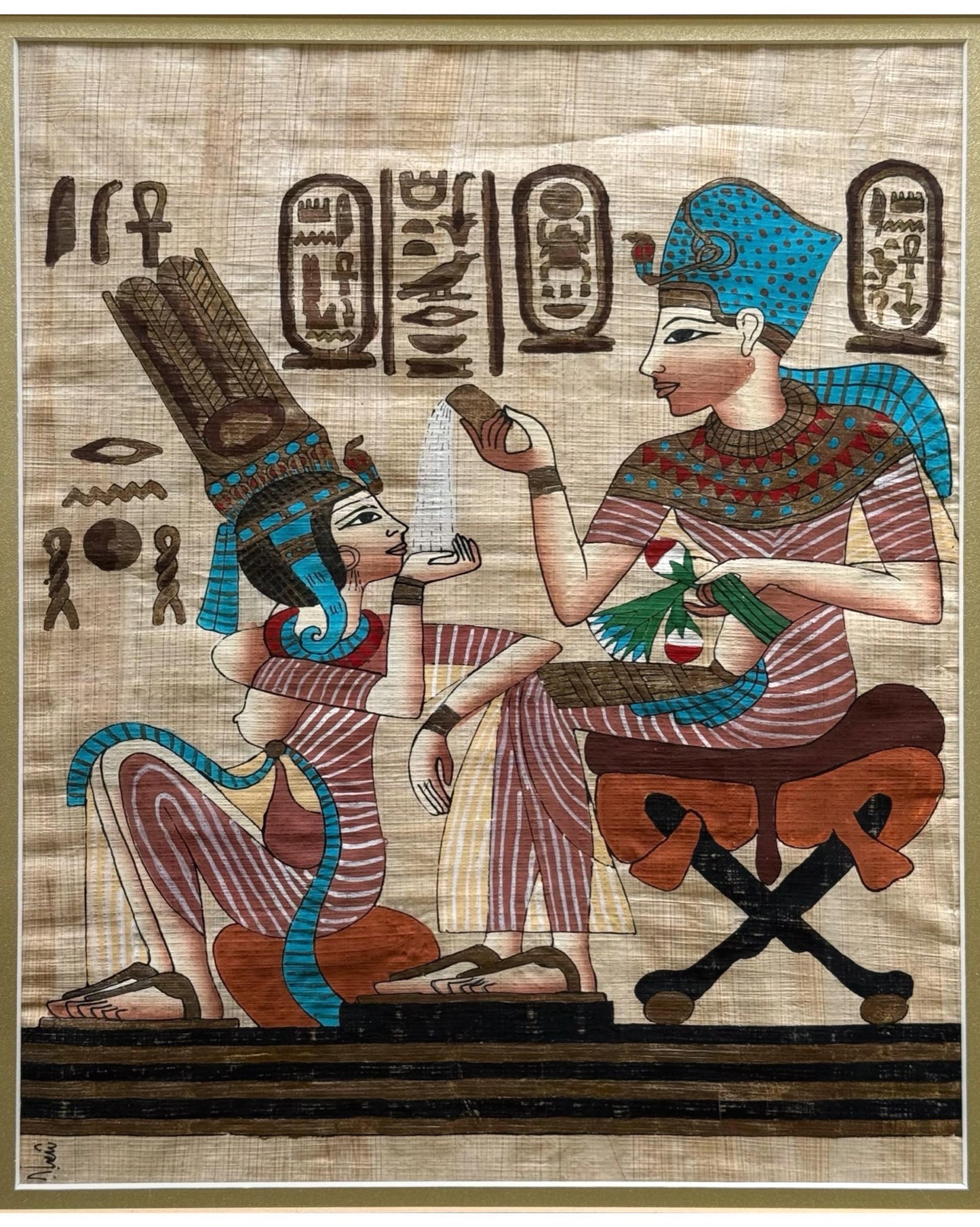 Original Hand Painted Authentic Egyptian Papyrus Signed Pharaoh Queen Art Decor