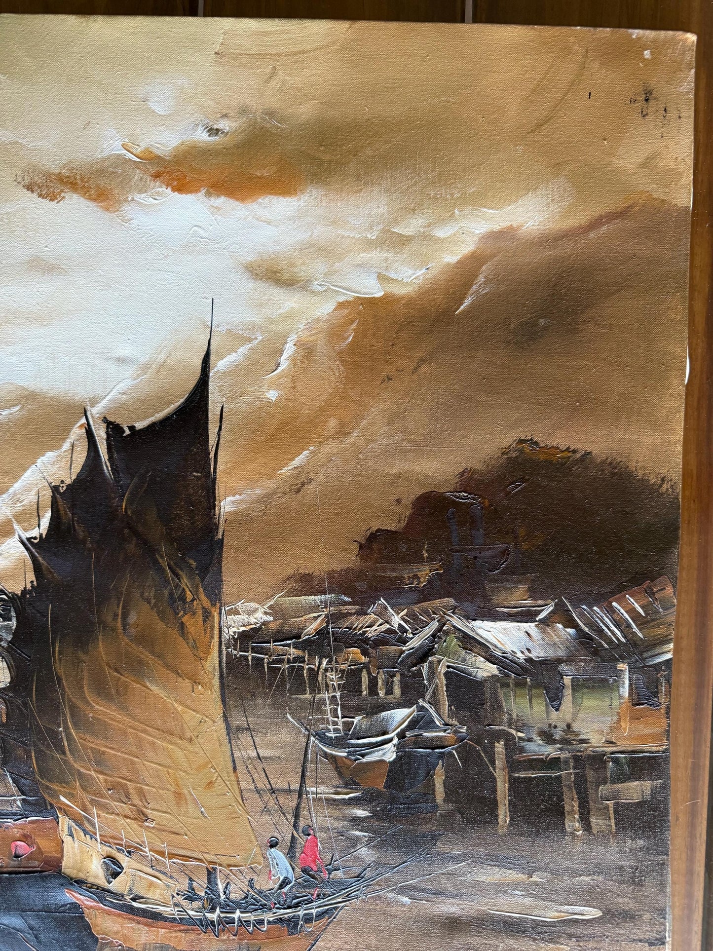 A Signed Original Painted Canvas Chinese Sail Boat Ship Shrimp Harbor Scene Art