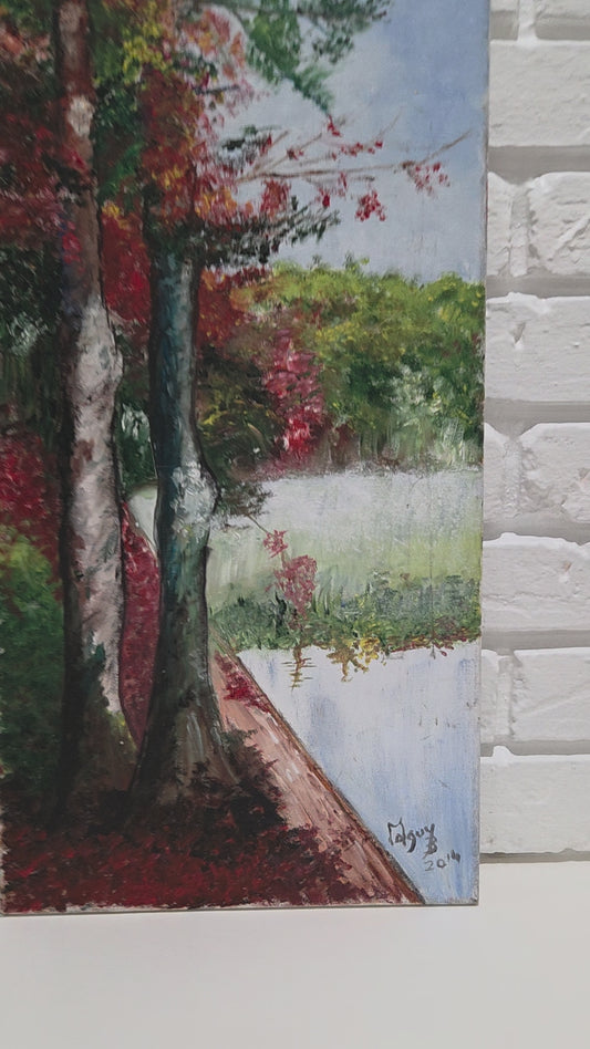 Original Landscape Painting On Canvas Autumn Forest Trees Lake Nature Art Signed