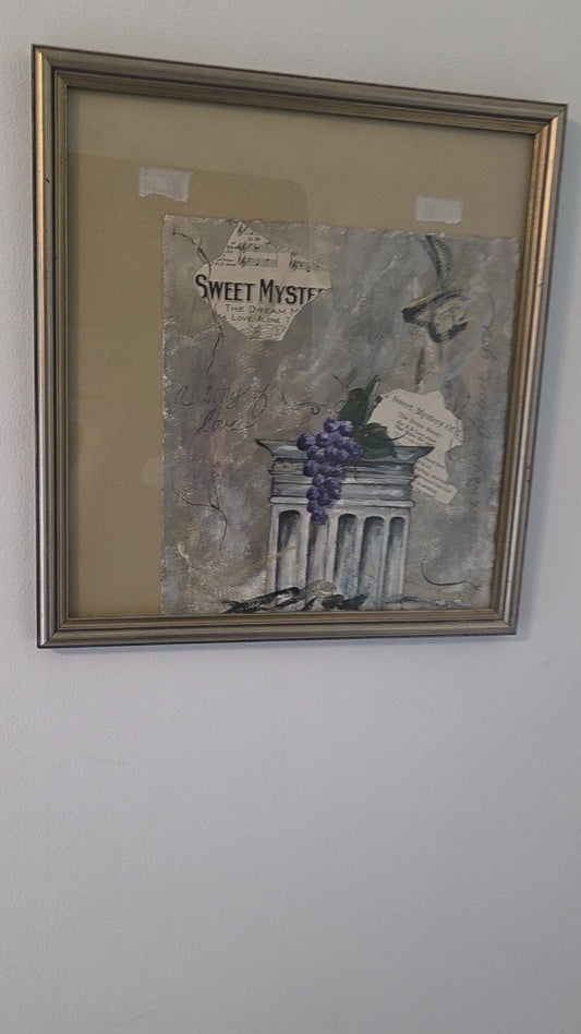 Original Abstract Collage Mixed Media Painting Vino Grapes Music Sheet Wall Art