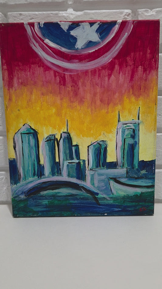 Original Acrylic Painting Canvas Captain America Shield Nashville TN Skyline Art