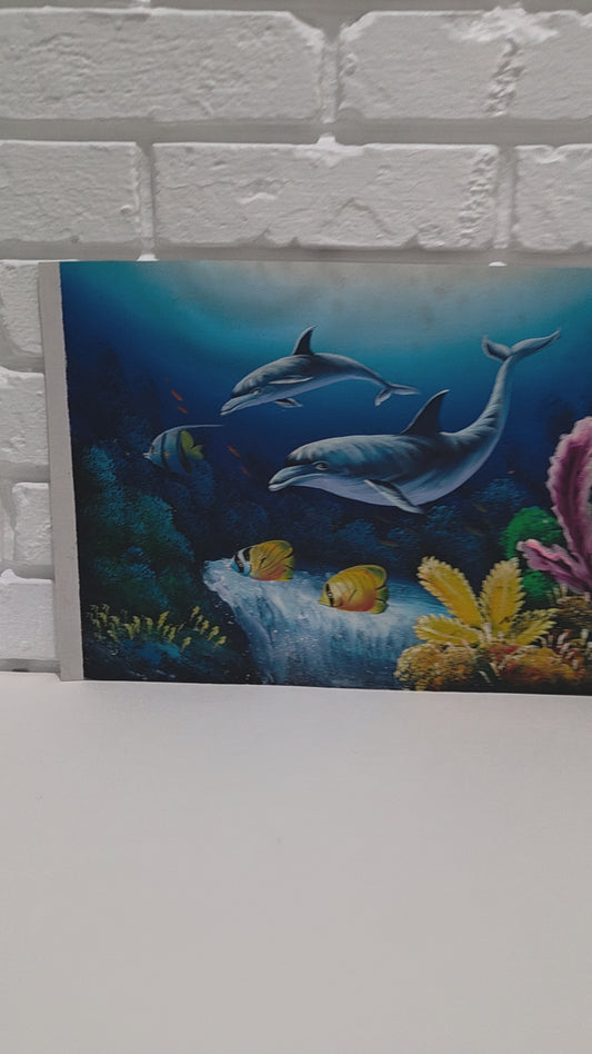 Dolphin Fish Coral Reef Painting Canvas Ocean Sea Marine Life Art Original Signd