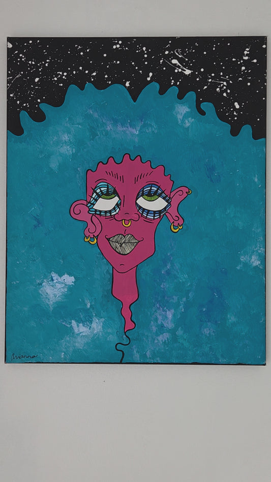 Original Hand-painted Vibrant Pop Art Blue Hair Pink Face girl on canvas Artwork
