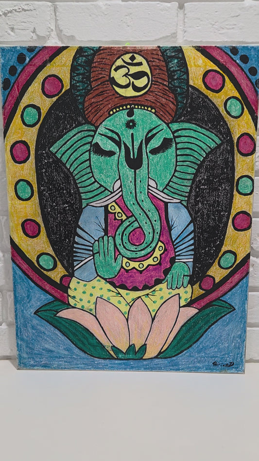 Hindu Ganesha Original Painting Elephant Lotus Meditation Spiritual Wall Artwork