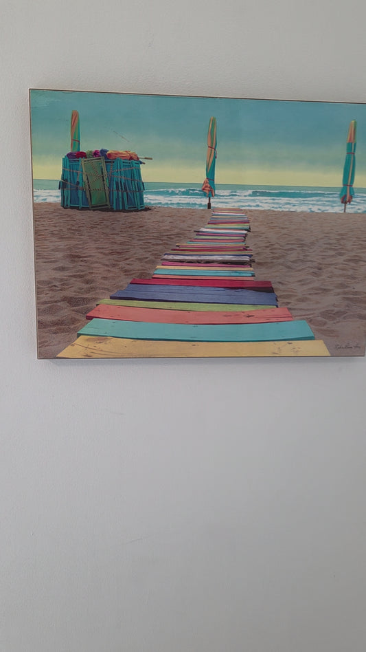 Coastal Beach Color Boardwalk Ocean Print Poster Art on Wood Wall Decor 23x17.5