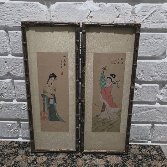 Japanese Art Geisha Girl Color Painting On Silk Signed Original Oriental Tapestry