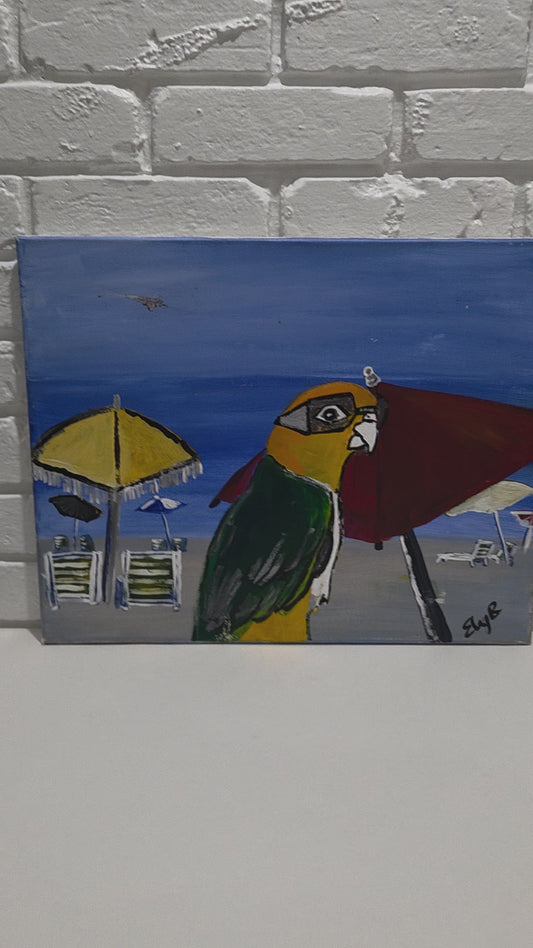 Original Tropical Parrot Bird Beach Island Painting On Canvas Signed Artwork Art