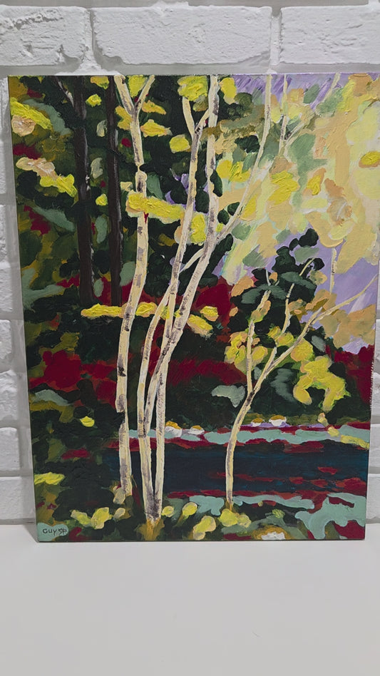 Original Forest Landscape Painting Birch Trees River Nature Acrylic Canvas Art
