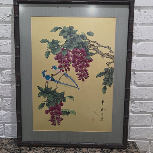 Japanese Original Painting On Silk Signed Long Tail Blue Birds Blooming Wisteria