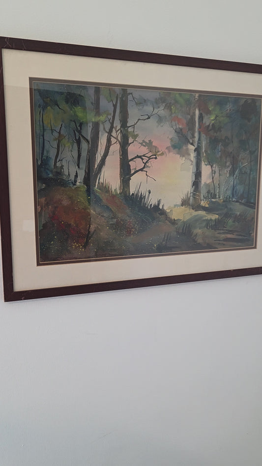 Original Eli Geller Watercolor Painting Colorful Forest Fantasy Signed Art Decor