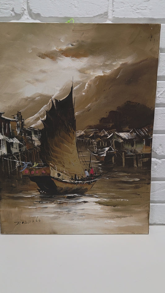 Asian Sailing Fishing Boat Ship Harbor Original Painting Canvas Signed Art Decor
