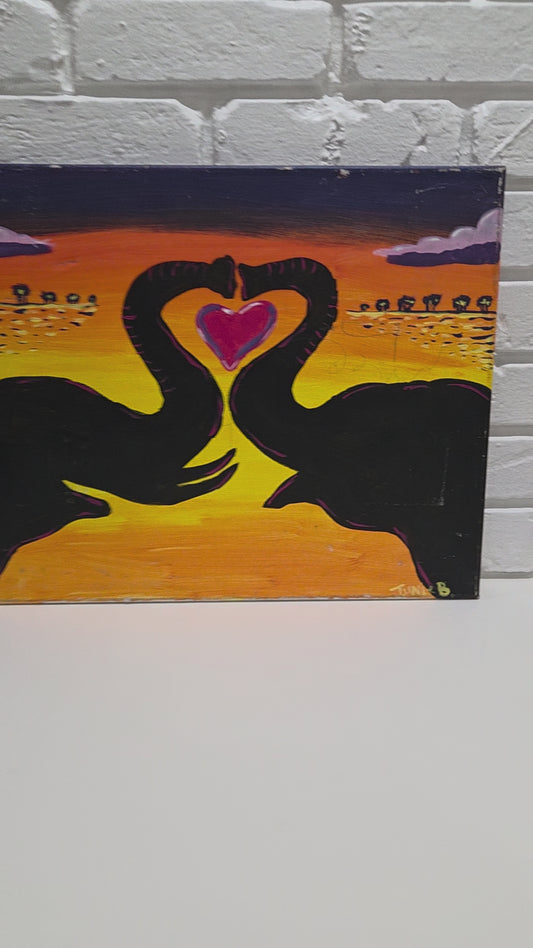 Original Painting On Canvas African Elephant Trunk Couple Love Heart Sunset Art