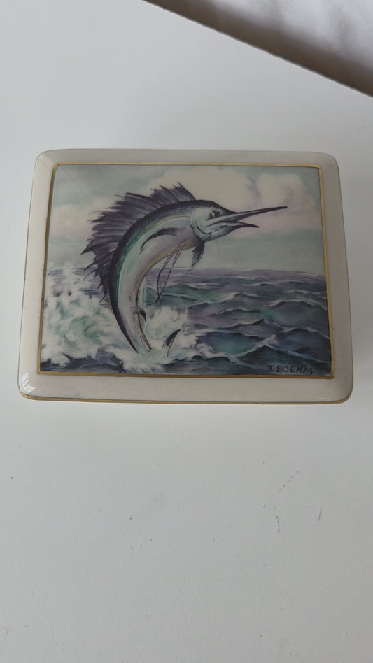 J.Boehm Porcelin Trinket Box Swordfish Sailfish Marlin Ocean Gold Trim Ceramic