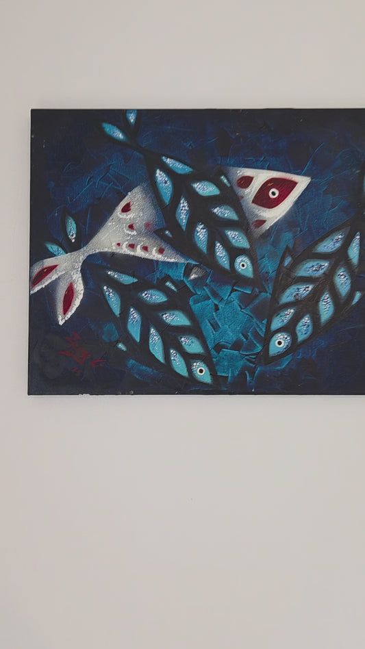 Original Abstract Koi Fish Painting - Modern Blue Marine Ocean Contemporary Art