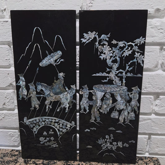 Asian Inlayed Mother Of Pearl On Black Laquer Wood Panel Horse Wall Decor 2p Set