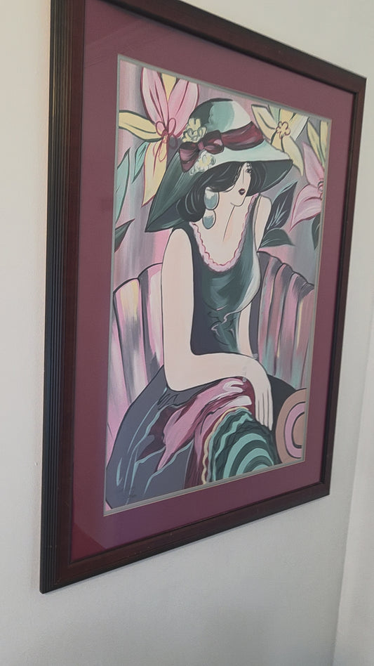 Original Acrylic Painting Elegant Woman in Floral Hat Portrait Fashion Wall Art